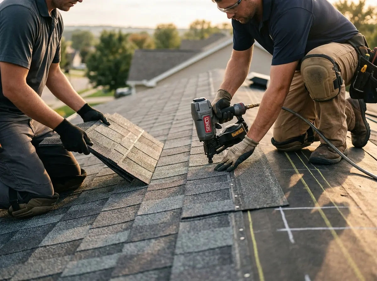 Professional roofer working on a residential roof in Du Quoin
